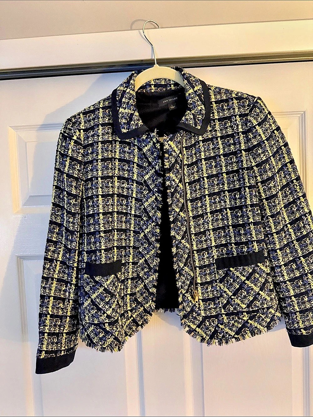 Ann Taylor Women's Plaid Fringe Blazer in Blue & Yellow